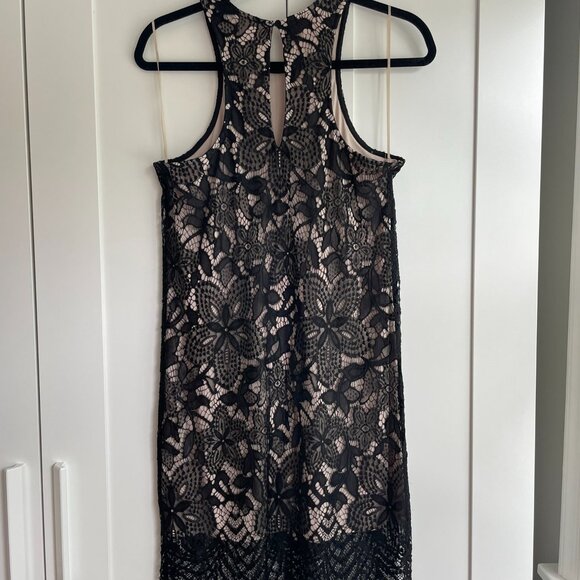 Express Black Lace Sleeveless Dress w/ Scalloped Hem & Keyhole Back - Picture 2 of 5